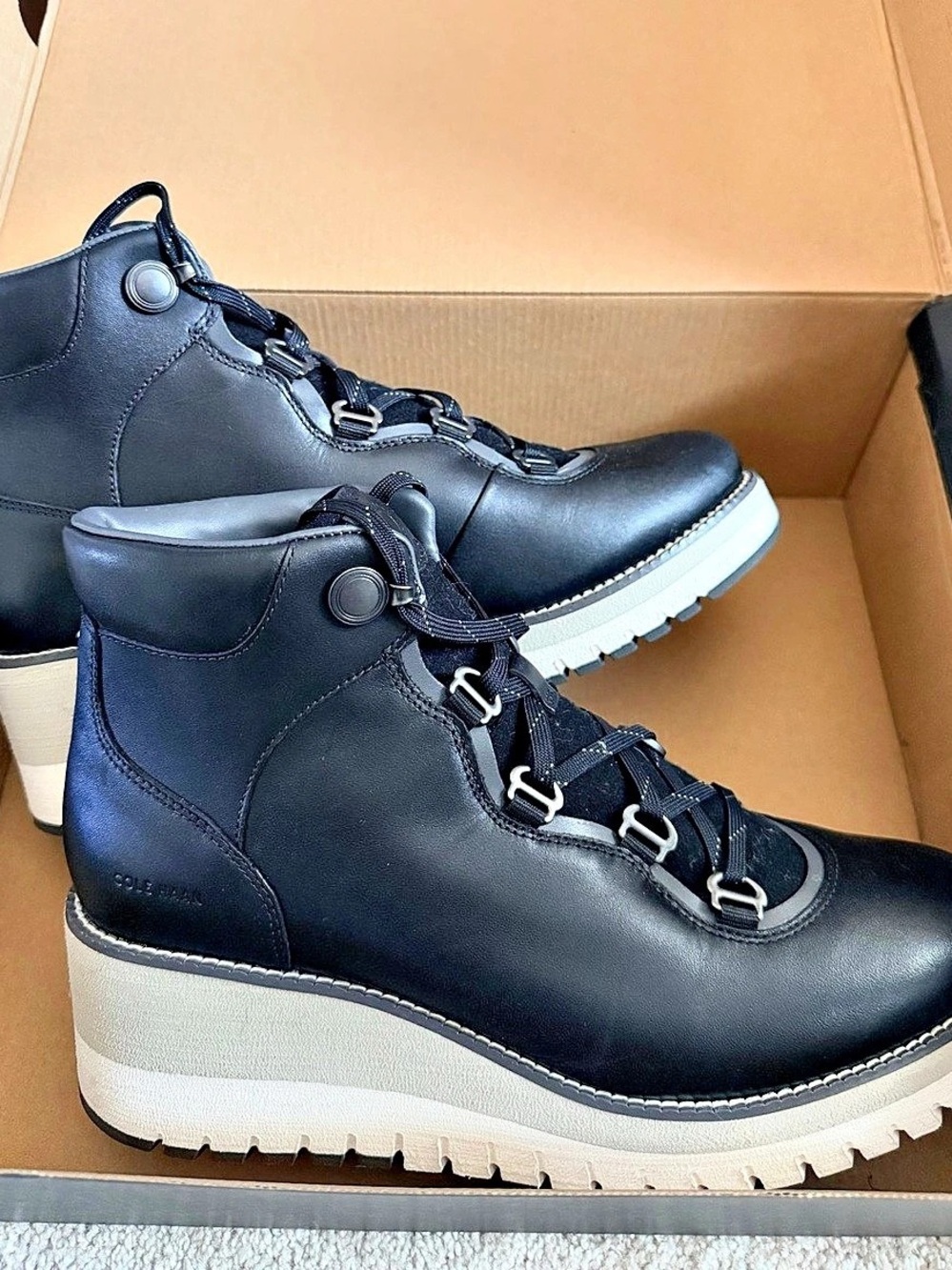 Cole Haan Zero Grand City Leather Wedge Boots Black US, Almost New 10